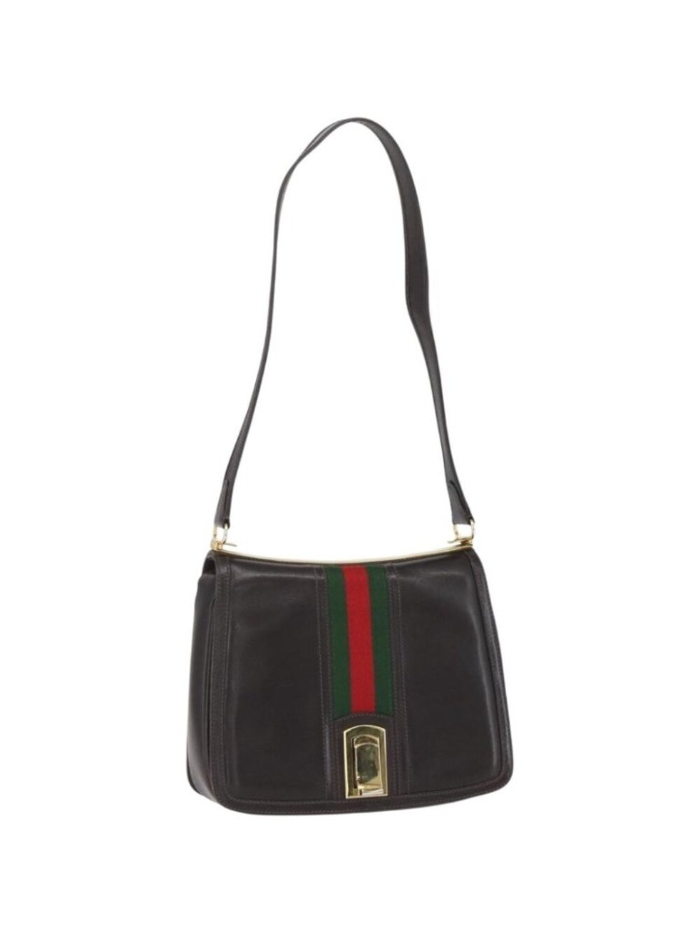 GUCCI Web Sherry Line Shoulder Bag Leather Brown Gold